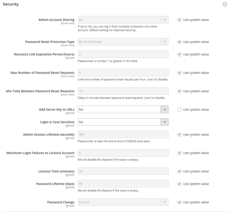 Advanced configuration - Admin security settings