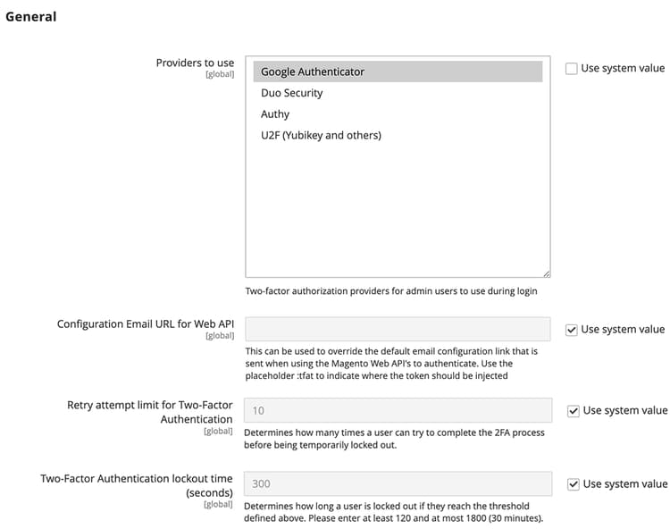 Security configuration - 2FA