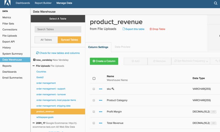 Upload tables interface showing available tables for data import