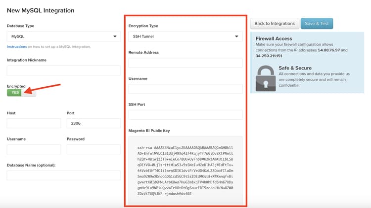 SQL integration form with encryption enabled showing Yes option
