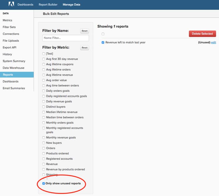 Unused reports list showing reports not on any dashboard