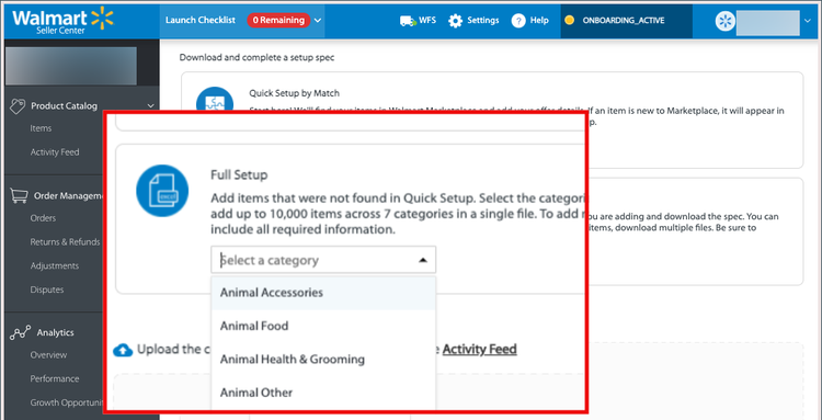 Download category template option in Walmart Marketplace item configuration