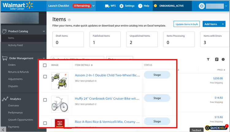 Walmart Seller Central staged products