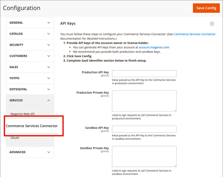 Commerce Services Connector service in the Admin view