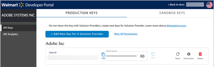 Walmart Marketplace API key configuration page