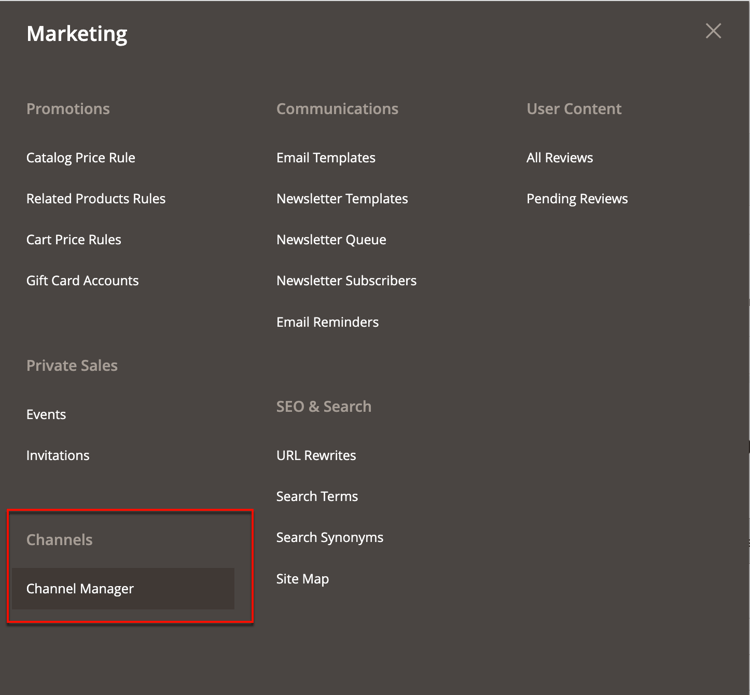 Channel Manager option in Admin view