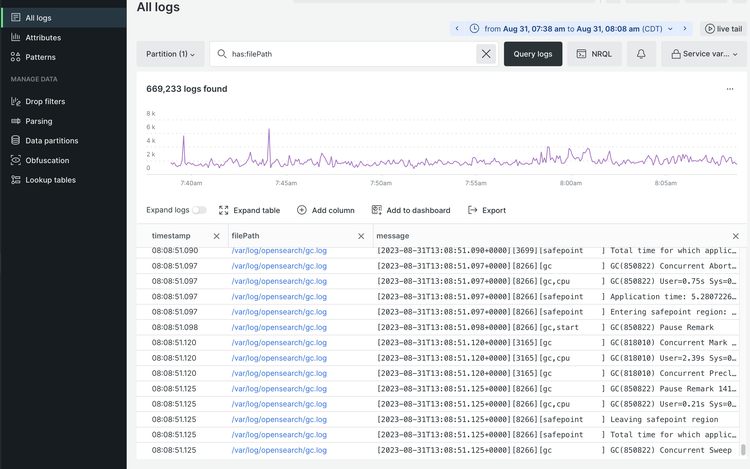 Cloud project New Relic service log data