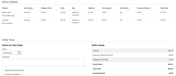 Admin view showing ordered items with different values