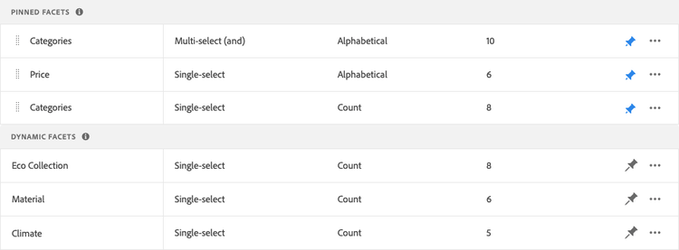 Pinned and dynamic facets