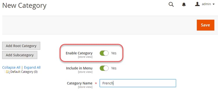 Create and enable a root category