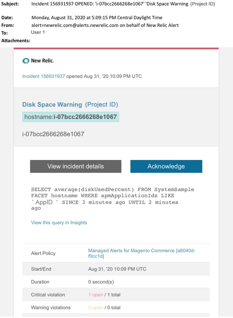Disk space warning alert notification showing storage usage threshold exceeded