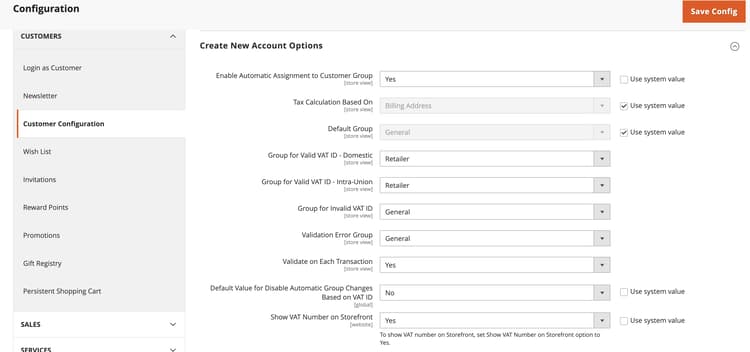 VAT ID validation settings interface showing configuration options for tax validation