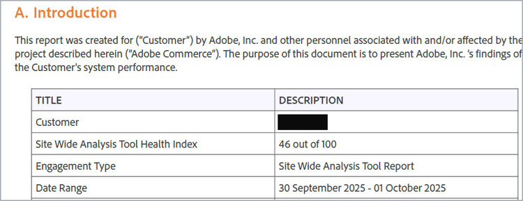 Site Wide Analysis Tool Health Index score in the generated Recommendations Report