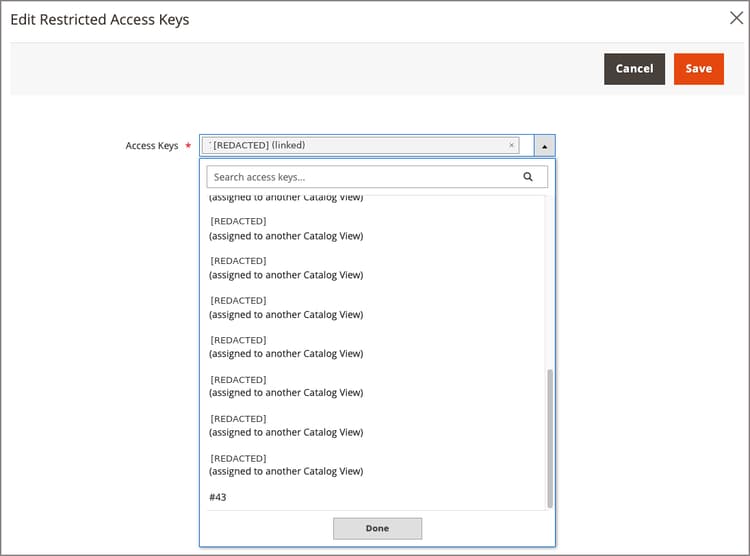 Edit Restricted Access Keys drop-down showing keys assigned to a catalog view