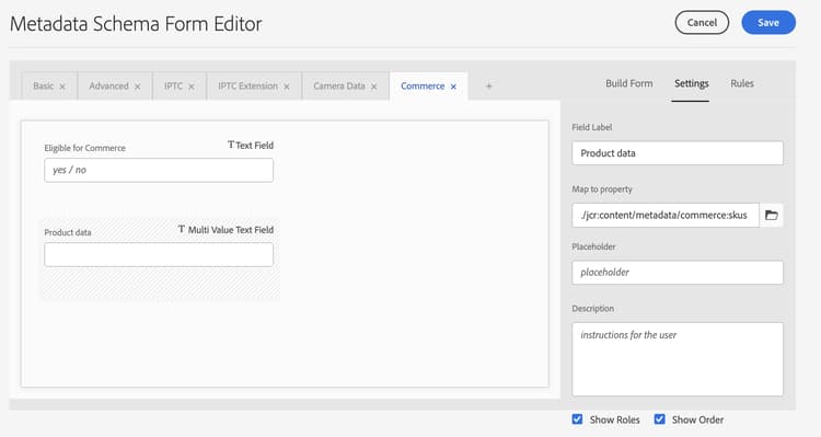 Commerce tab for AEM Assets metadata schema form