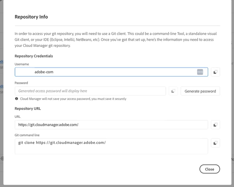 Cloud Manager repository credentials and clone command
