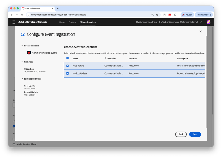 Event categories selected for subscription on the registration screen