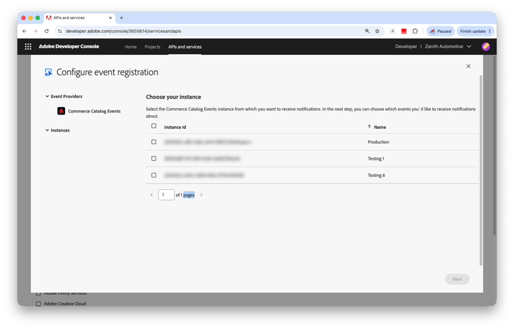 Commerce instance selected on the event registration screen