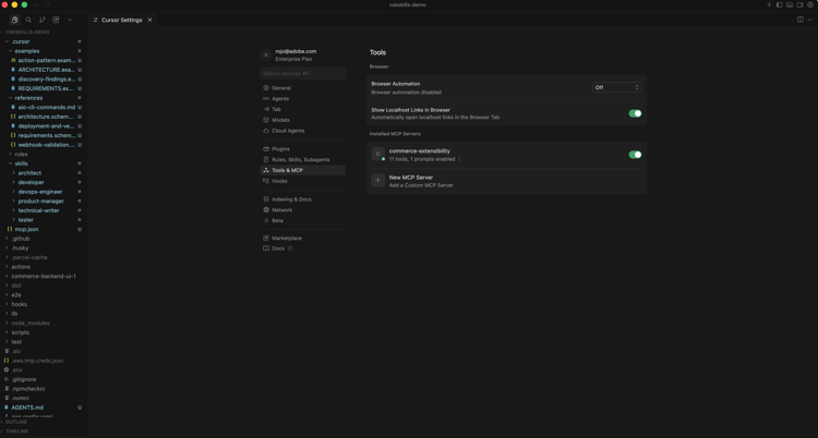 Cursor IDE settings showing MCP commerce-extensibility toolset enabled