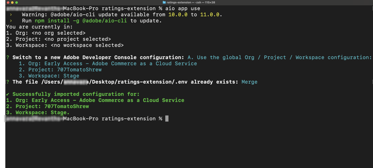 Terminal showing successful workspace connection with aio app use command