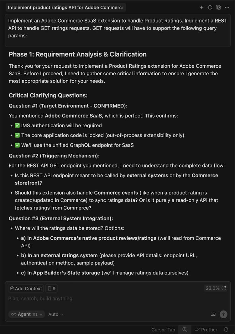 AI agent asking clarifying questions about extension requirements