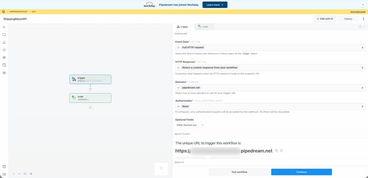 Pipedream workflow with HTTP/Webhook trigger and endpoint URL visible