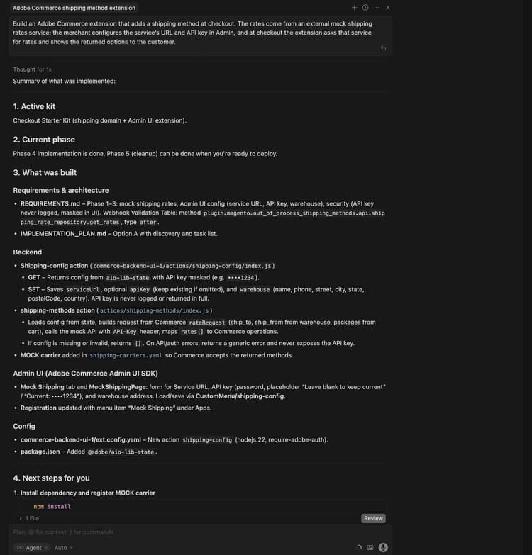 Summary of generated code and implementation for shipping extension