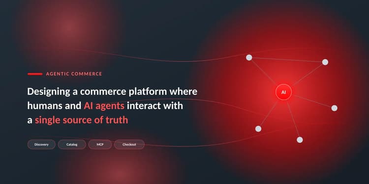 Hero illustration of an agentic commerce platform where humans and AI agents interact with a single source of truth