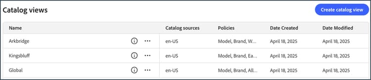 Existing catalog views configured for sample data