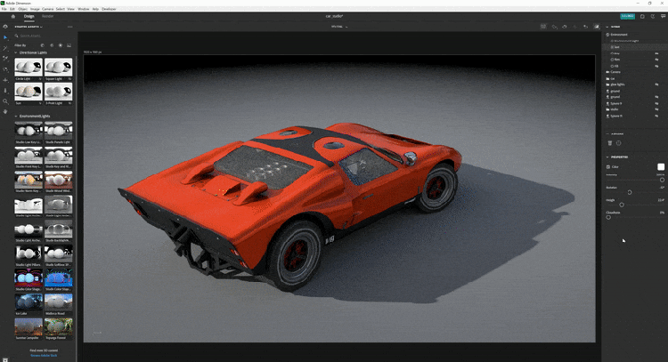 Manipulating lighting properties for sunlight lighting on a 3D car model in Adobe Dimension