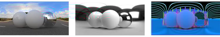 Examples of environment lights made out of photos, a 3D studio scene and an abstract 3D scene