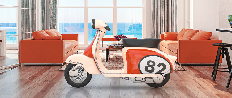 A photorealistic 3d composite image of a moped in a living room