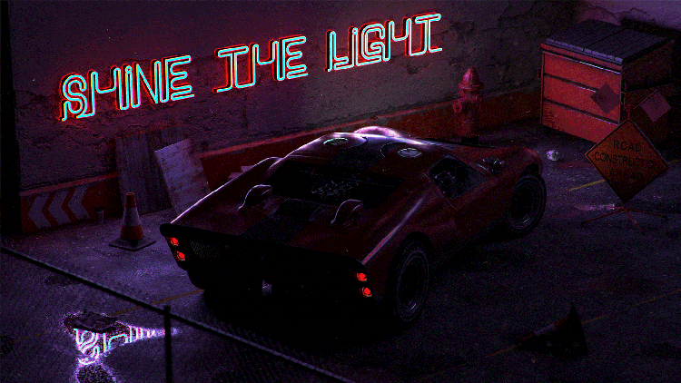 A 3D CGI scene of a car in a parking lot with a neon sign on the wall. Lighting shifts from daylight to a neon LED emanating from the sign