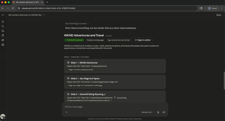 AI client showing the US English Home Page content structure from AEM