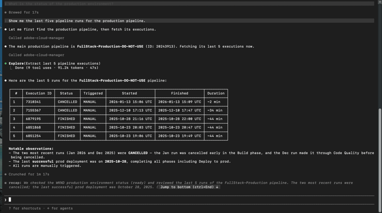 AI client showing the last five pipeline runs for the production pipeline