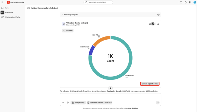 Validation results card for a single field in chart view, showing a validity donut chart and the Show in expanded view action.