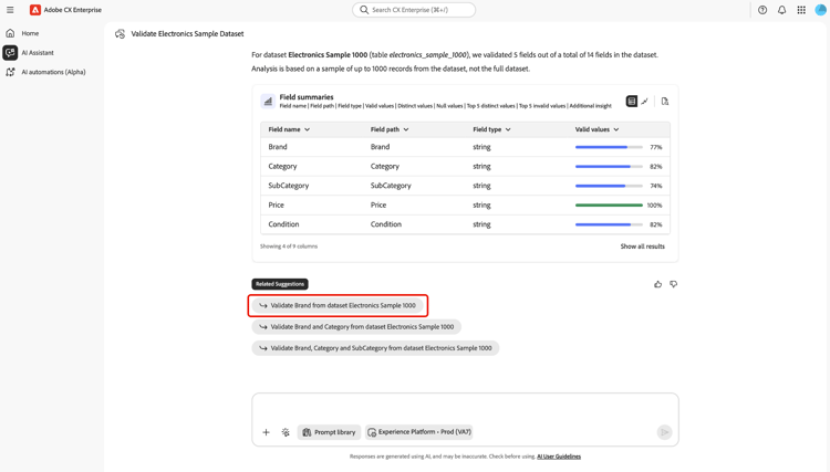 Related suggestions chips above the prompt field, with one suggestion selected to validate a specific field on the dataset.