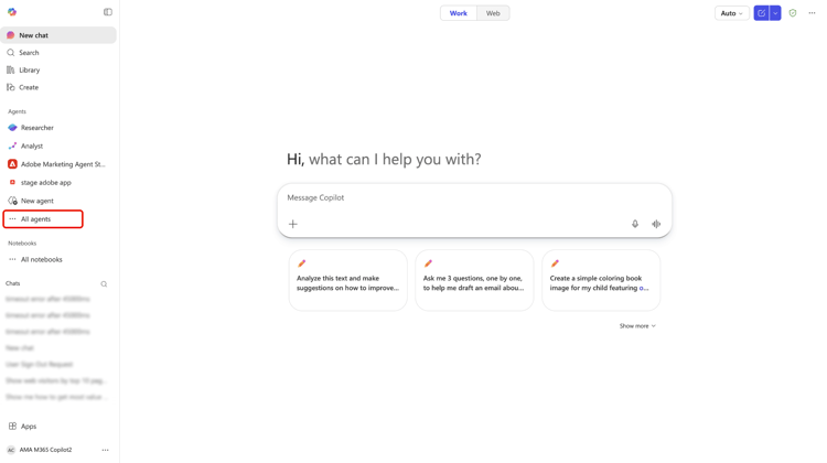 Microsoft 365 Copilot left navigation with All Agents selected.