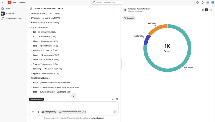 Expanded view showing detailed field-level validation statistics and chart visualization.