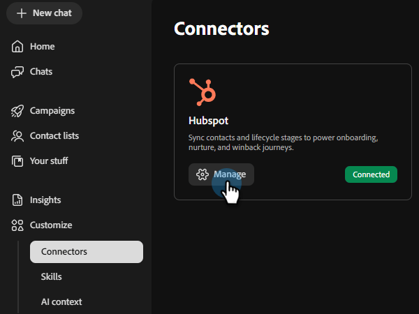 Connectors screen showing HubSpot connected with the Manage button highlighted