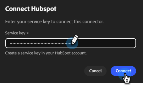 Connect HubSpot dialog with the Service key field and Connect button