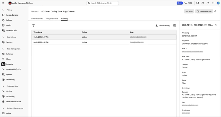 Adobe Experience Platform audit log showing a data lake retention policy update, including the timestamp, user, dataset, action, and status.