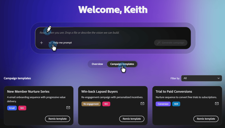 Home screen showing the three different options to get started