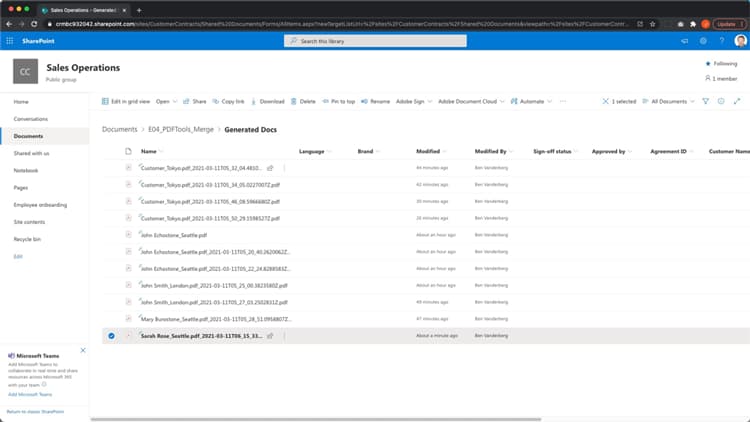 Screenshot of generated PDF in SharePoint directory