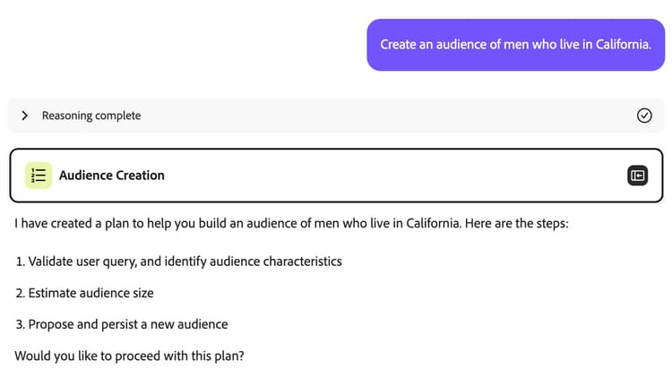 The AI Assistant shows the plan to create an audience.