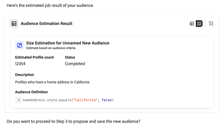 The sample estimate for the potential audience is displayed. The estimated size and the segment definition are shown.