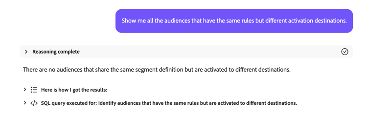 The AI Assistant shows that there are no duplicate segment definitions to different destinations.