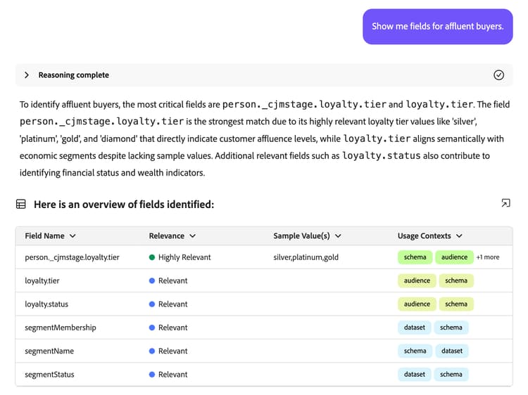 The AI Assistant shows a table displaying fields that are relevant to affluent buyers.
