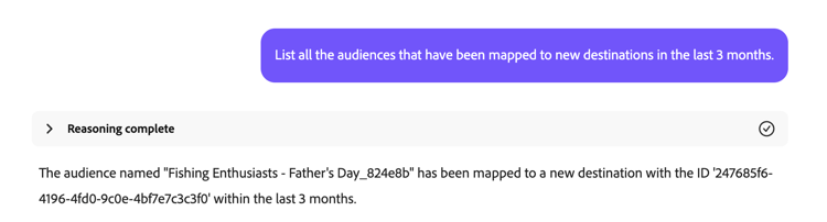 The AI Assistant lists the one audience that has been mapped to a new destination in the last 3 months.