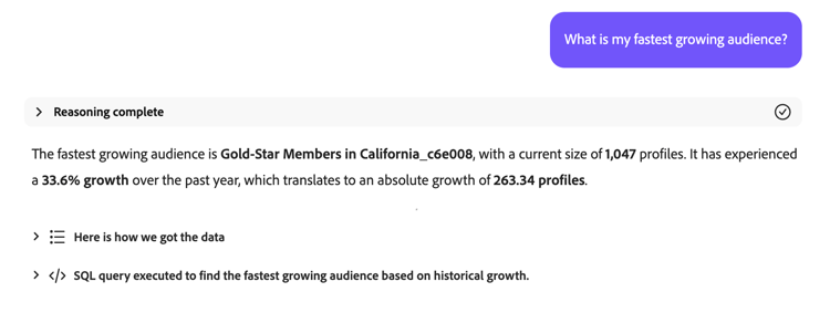 The AI Assistant states the name of the fastest growing audience, as well as the current size and the percentage of growth.